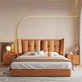 Beige Upholstered Double Bed in Modern Cozy Bedroom with Nightstand and Lit Wall Niche