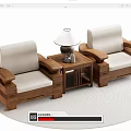 Wooden Frame Single Seater Sofas With Beige Cushions And Side Table Lamp 3d model
