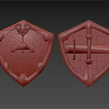 Medieval Weapon Shields With Red Eagle Emblem Golden Triangle Wooden Handle And Leather Texture