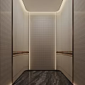Modern Elevator Lobby With Beige Textured Walls Wooden Trim Marble Flooring And Recessed Lighting