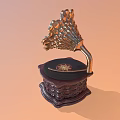 Classic Vintage Gramophone With Golden Horn Design Wooden Base And Ornate Decorative Details