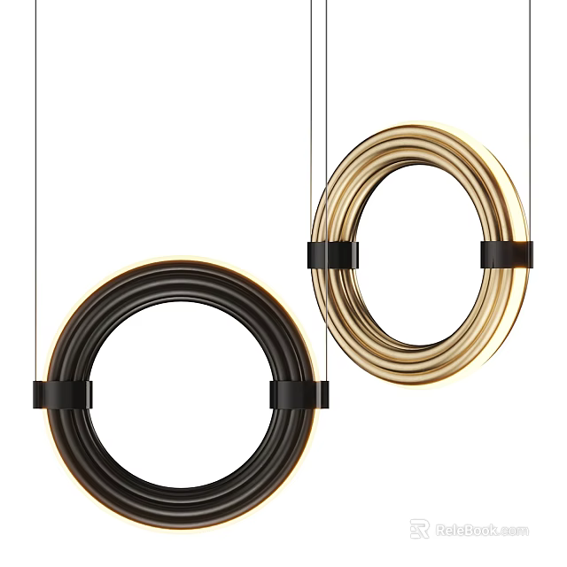 Modern Circular Chandeliers With Black And Gold Rings And Hanging Straps 3d model 