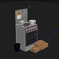 Essential Household Items Including Old Fashioned Stove Teapot Pot Cardboard Boxes And Trash Bin