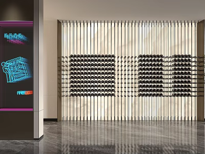 Modern Wine Cabinet With Wooden Slatted Backdrop And Multiple Wine Bottle Shelves 3d model