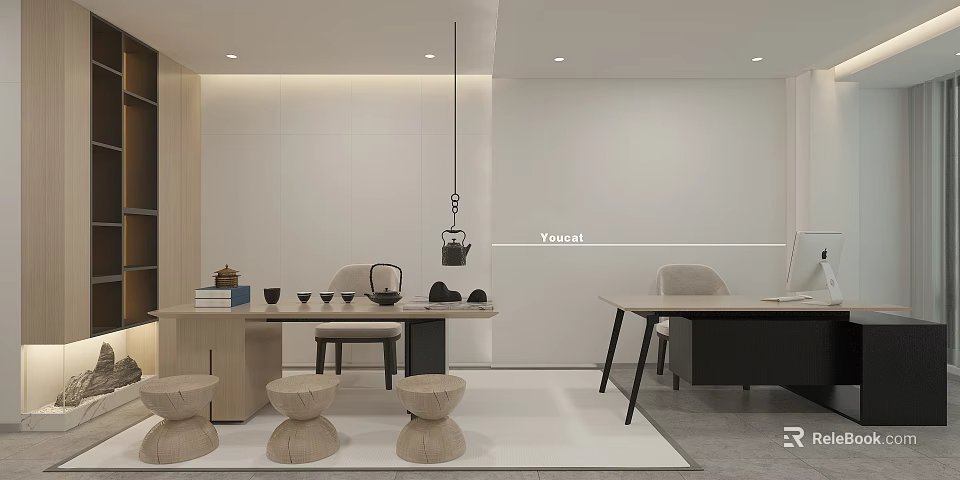 Minimalist Modern Office Interior With Wooden Elements Desk Pendant Light Stools And Tea Set 3d model 