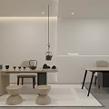 Minimalist Modern Office Interior With Wooden Elements Desk Pendant Light Stools And Tea Set