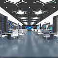 School High Tech Classroom With Computers Displays Modern Desks Chairs Blue Lighting Hexagonal Ceiling 3d model