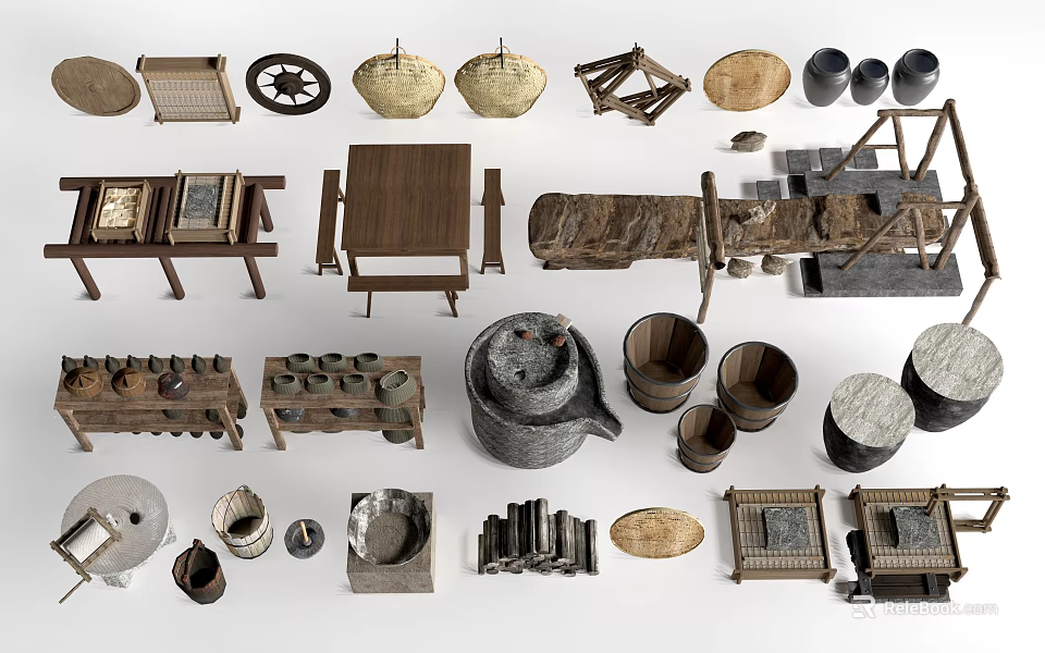 Traditional Handcrafted Artifacts Collection With Wooden Furniture Baskets Pots And Stone Tools 3d model 
