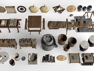 Traditional Handcrafted Artifacts Collection With Wooden Furniture Baskets Pots And Stone Tools 3d model