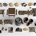 Traditional Handcrafted Artifacts Collection With Wooden Furniture Baskets Pots And Stone Tools