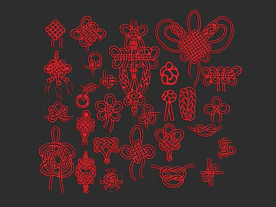 Traditional Red Chinese Knot Patterns With Various Decorative Designs On Black Background 3d model