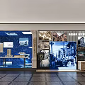 Modern Exhibition Hall Featuring Hanging White Square Installations Dark Tiled Floor And Display Cabinets 3d model