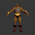 Muscular Blonde Man In Blue Red Outfit With Arm Cuffs And Red Boots