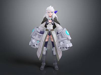 Game Movie Character With White Long Hair Mechanical Armor And Glowing Blue Accents Design 3d model