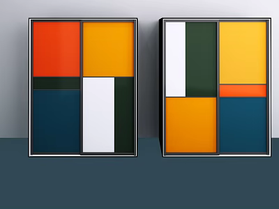 Stylish Contemporary Wardrobe With Colorful Geometric Block Panels And Black Frame Design 3d model