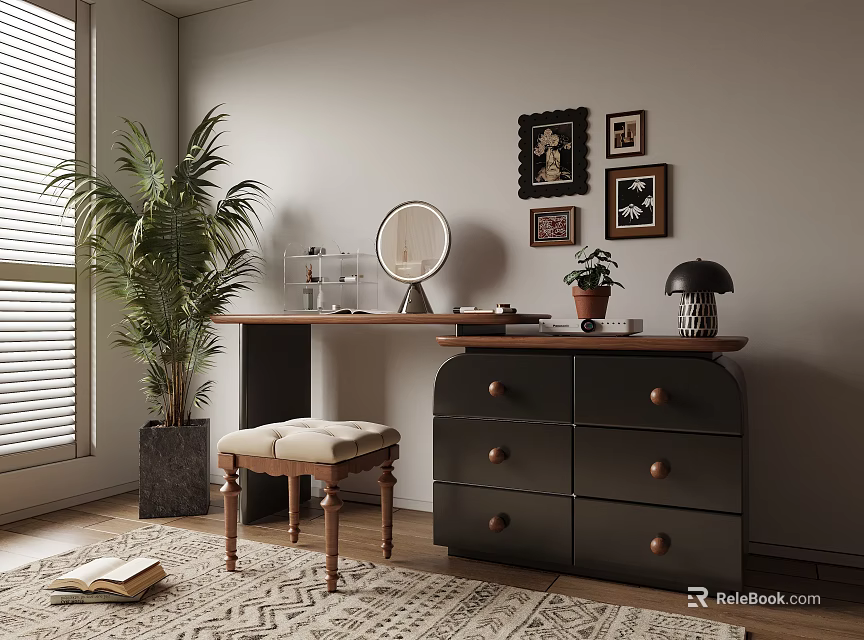 Stylish Dark Dresser with Round Mirror Drawers and Upholstered Stool Near Potted Plant 3d model 