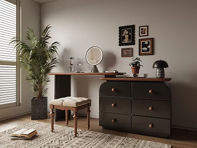 Stylish Dark Dresser with Round Mirror Drawers and Upholstered Stool Near Potted Plant 3d model