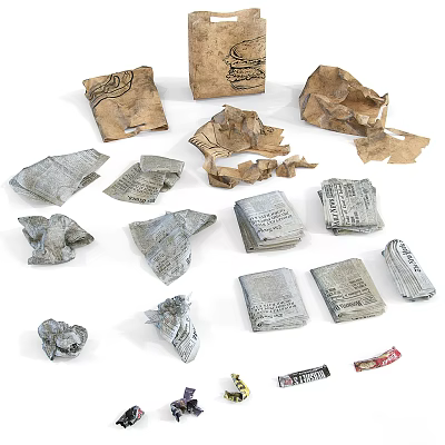 Torn Fragments of Old Books and Magazines with Vintage Paper Text 3d model