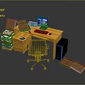 Home Office Workspace With Yellow Desk Computer Pizza Boxes Stacked Boxes And Office Chair