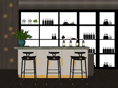 Stylish Bar Counter With Three Black Bar Stools Green Plant And Wine Bottles On Shelves 3d model