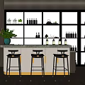 Stylish Bar Counter With Three Black Bar Stools Green Plant And Wine Bottles On Shelves