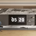 Modern TV Background Wall With Marble Texture Gray Cabinets And Floating Shelves 3d model