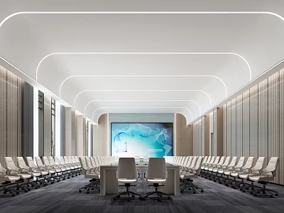 Spacious Modern Conference Room Interior With Curved Ceiling Lights Large Screen White Chairs And Long Table 3d model