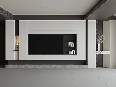 Modern TV Wall Interior Design With White Grey Panels Built-in TV And Storage Cabinets 3d model