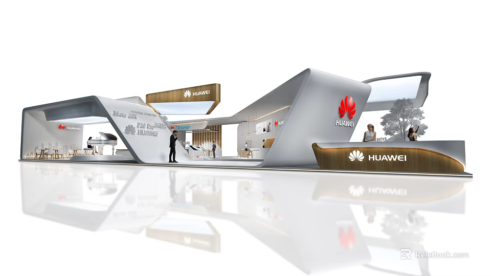HUAWEI Modern Exhibition Booth With Curved Structure White Gray Design Wooden Accents And Display Areas 3d model 