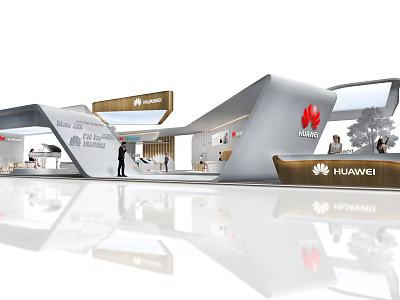 HUAWEI Modern Exhibition Booth With Curved Structure White Gray Design Wooden Accents And Display Areas 3d model