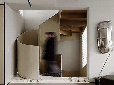 Modern Spiral Staircase With Beige Wooden Steps Person Walking Silver Wall Decor And Natural Light 3d model