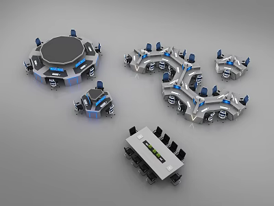 Modern Office Furniture Set With Blue Black Chairs And Round Curved Rectangular Tables 3d model