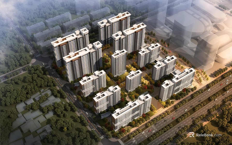 Modern High Rise Residential Complex With Lush Greenery And Surrounding Roads 3d model 