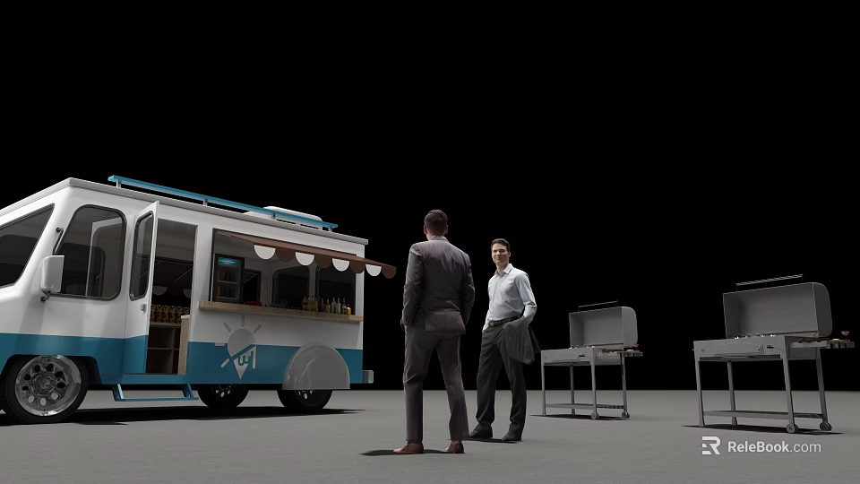 Blue And White Functional Vehicle With Two Men Talking Near Outdoor Service Tables 3d model 