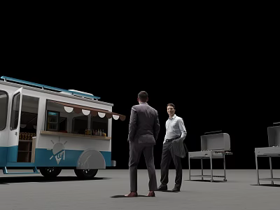Blue And White Functional Vehicle With Two Men Talking Near Outdoor Service Tables 3d model