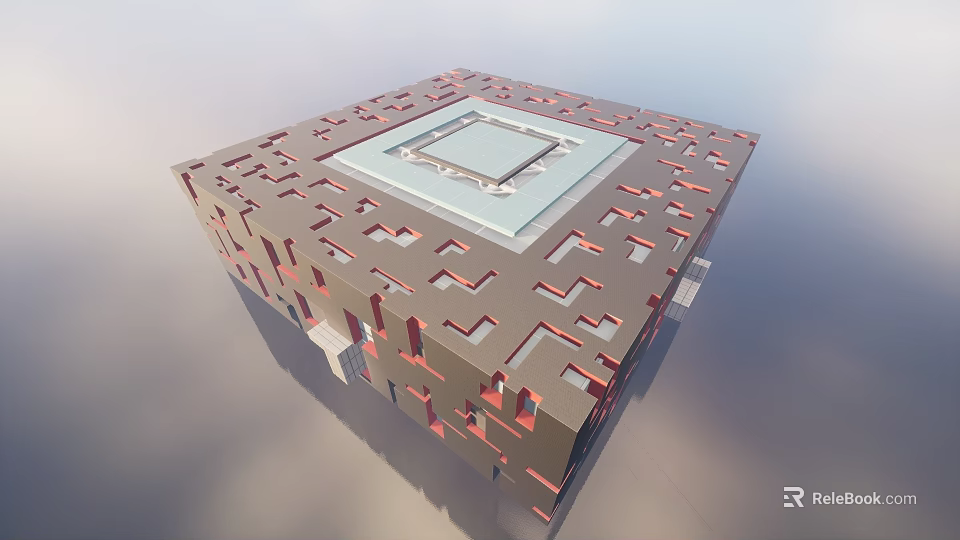 Cubic Museum Building With Red And Gray Geometric Patterns And Open Top Area 3d model 