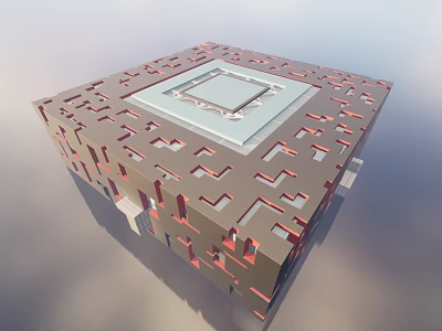 Cubic Museum Building With Red And Gray Geometric Patterns And Open Top Area 3d model