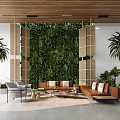 Modern Casual Lounge Area With Wooden Ceiling Living Plant Wall Bamboo Screens And Palm Trees