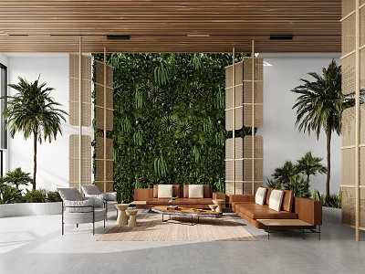 Modern Casual Lounge Area With Wooden Ceiling Living Plant Wall Bamboo Screens And Palm Trees 3d model