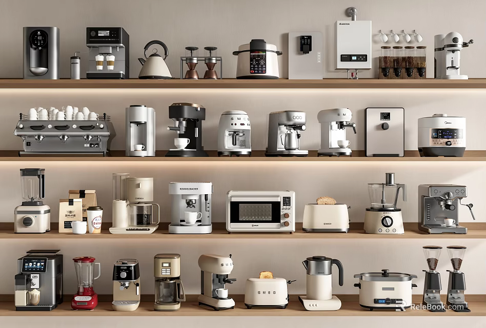 Collection of Modern Kitchen Appliances Displayed on Shelves for Daily Home Cooking 3d model 