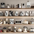 Collection of Modern Kitchen Appliances Displayed on Shelves for Daily Home Cooking