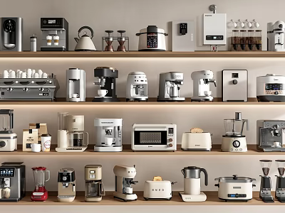 Collection of Modern Kitchen Appliances Displayed on Shelves for Daily Home Cooking 3d model