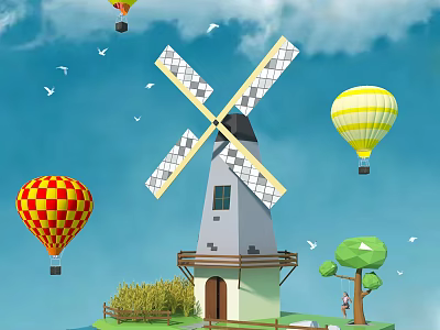 Windmill Architectural Components Including Blades Tower Door Window And Hot Air Balloons 3d model