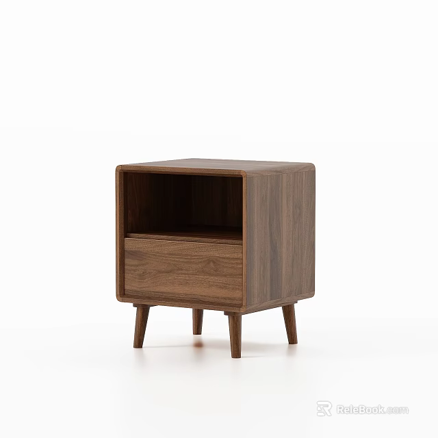 Modern Minimalist Wooden Bedside Table Featuring Walnut Finish Drawer Open Shelf And Slim Legs 3d model 