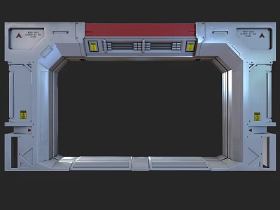 Futuristic Door Frame Industrial Metal Structure With Red Panel And Yellow Warning Signs 3d model
