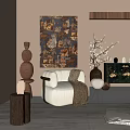 Beige Lounge Chair With Brown Blanket Decorative Painting Wooden Vase In Cozy Living Room