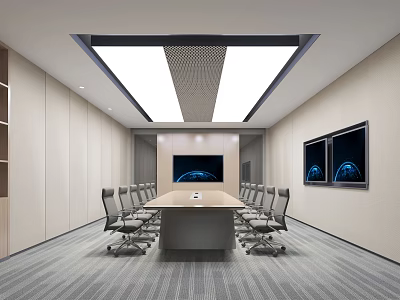 Modern Conference Room With Long Meeting Table Ergonomic Chairs And Large Screen 3d model