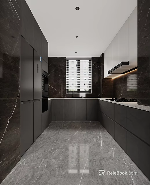 Modern Kitchen Interior With Dark Cabinets Marble Countertop And Window Blinds 3d model 