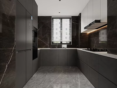Modern Kitchen Interior With Dark Cabinets Marble Countertop And Window Blinds 3d model