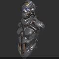 Cybernetic Warrior Character With Mechanical Head Blue Glowing Eyes And Armored Body